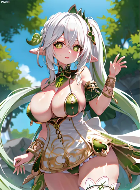 Nahida_Genshin,(White hair),cross-shaped pupils,default_dress,Green cape,Huge breasts，semi-bare，huge tit，Expose sexy，Expose breasts semi-naked，Sexy big ass，Fiddling with sexy ass，Expose sexy breasts，Big breasts that expose the ，Protruding anteriorly and po...