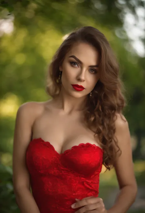 Realistic Russian Female as adult star. Age 25 to 27 Laying on the park in lingerie without shirt. Showing her boobs and Looking at the camera with seductive eyes and biting lips with red lipstick. And showing her sexy ass.