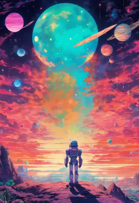 there is a robot standing in front of a painting of planets, 7 0 s sci - fi art, retro sci - fi art, vintage sci - fi art, 8 0 s sci - fi comic art, 7 0 s science fiction art, 70s sci-fi, 1 9 8 0 s retro sci - fi art, pastel colors