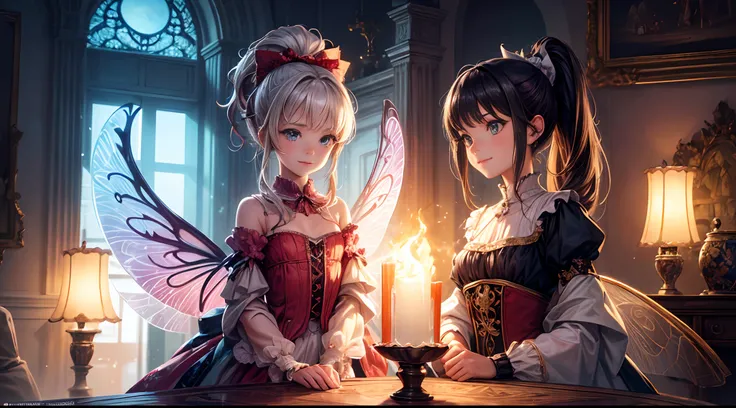 ( Absurd, High quality, ultra-detailed, masterpiece, concept art, smooth, highly detailed artwork, hyper-realistic painting ) , tiny little girl, , cute, whole body, Romantic, Vivid, dreamy, fantasy, fairy wings, in palace, enchanting glow, very detailed a...