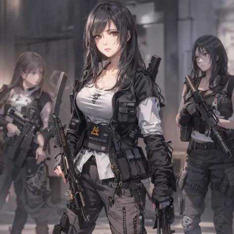 Three women with guns stand side by side, M4 Sopmod II Girls Frontline, girls frontline style, artwork in the style of guweiz, Mechanized soldier girl, from girls frontline, girls frontline cg, by Yang J, guweiz, inspired by Leng Mei, badass anime 8 K, wea...