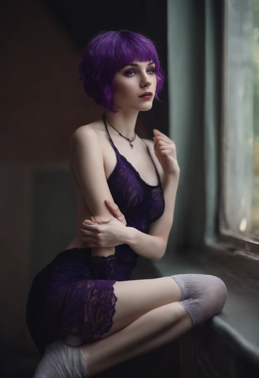 naked girl. teen. slim body. skinny body. thin body. this waist. cute. looking at viwer. wet skin. Pale skin. purple hair. short hair. long socks. long gloves