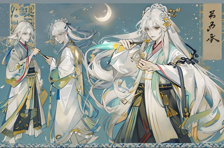 The male，Male，White Hanfu，long  white hair，Long flowing hair，Wide robe with large sleeves，Ancient wind，Solid color clothes，The clothes do not have any patterns，laughingly，softlighting，water ink，Behind it is the full moon，low-saturation，low-contrast，led flo...