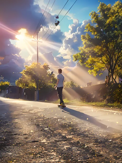 there is a man riding a skateboard down a road, standing in road, standing bravely on the road, on a road, in a sunny day, in sunny weather, with backdrop of god rays, standing in street, distant full body view, lens flare photo real, standing on a hill, s...