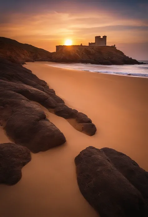 Castelo de areia na praia, dia, sun sunset