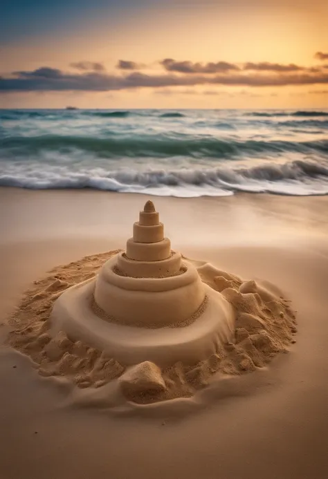 a sandcastle on the beach,sunset,day,beachview,seashells,crashing waves,detailed sand texture,(best quality,4k,8k,highres,masterpiece:1.2),ultra-detailed,(realistic,photorealistic,photo-realistic:1.37),vibrant colors,warm tones,soft lighting