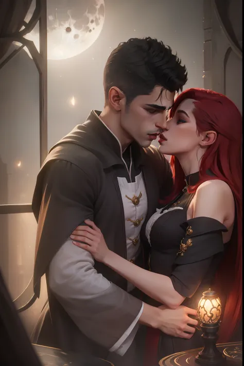 ((Masterpieces)), beste-Qualit, Outstanding illustration, couple kissing, soft focus, 1 man with short black hair and long bangs, 1 girl with long RED hair, black robes, black mantle, romanticism, romance, Luxurious and sophisticated atmosphere, moon light...