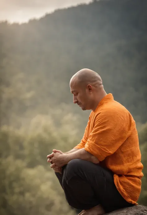 Orange-Gelber hintergrund mit wolken ohne sonne, Black silouette of a man with folded hands sitting in prayer posture.