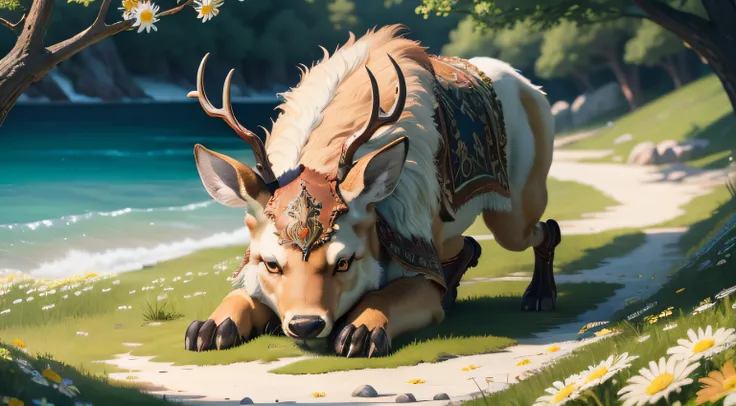 a realistic painting of a ferocious snarling deer (animal) (druid mount) (ornate leather saddle) with huge antlers ((animal)) (on all fours) in full plate armor on an island covered in daisies with crystal clear water