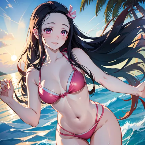 (best quality,4k,8k,highres,masterpiece:1.2),ultra-detailed,(realistic,photorealistic,photo-realistic:1.37),beautiful Nezuko Kamado with stunning eyes in a vibrant Pink bikini,Nezuko Kamado in a lively beach scene with crystal clear water and soft sandy be...