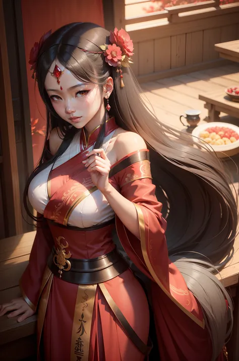 arafed asian woman in a red dress posing for a picture, goddess of Japan, a beautiful fantasy empress, beautiful alluring anime woman, Bunching up long gray hair　Golden eyes　Precise five-finger details　Tattoo on the left chest　a smile　ruan jia and artgerm,...