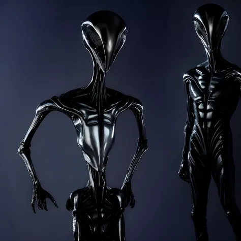 Two black alien statues standing next to each other on a dark background, Ultra Detailed Aliens, Alien Hybrid, Alien Form, Alien Design, Alien Art, Black gloss xenomorph, Realistic Aliens, Gray aliens, Features of exotic aliens, Art Alien, Alien features, ...