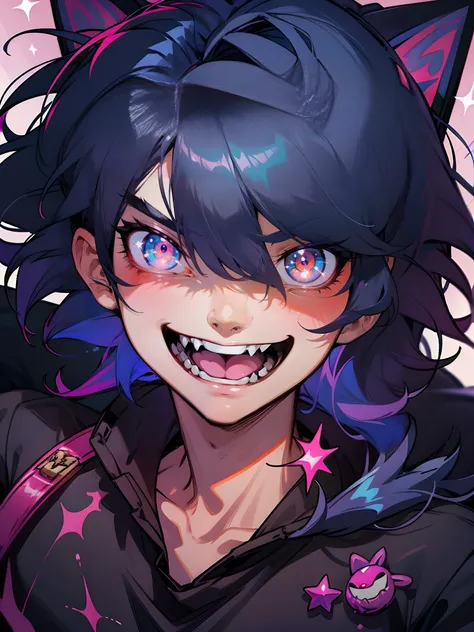 Teeth like cat fangs, dark pink glowing eyes, One handsome anime character boy, Young men, Dark blue hair, Glitter medium hair, Messy hair for men, shiny disheveled hair, Bundling, Outer hair 1:3, bright pink glowing eyes, Pearl skin, Active, mischievous g...