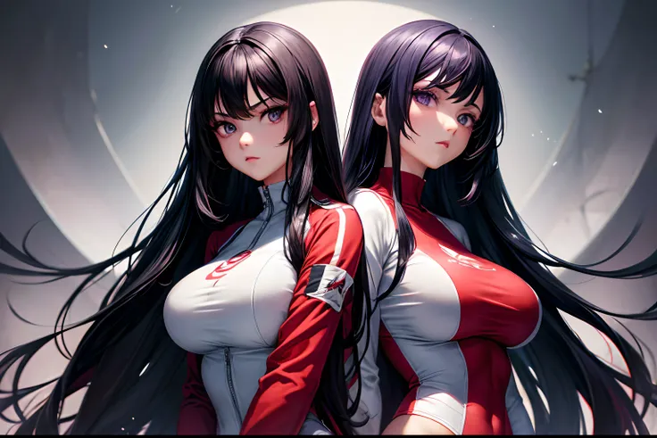 1girl, very long black hair, bangs between eyes, purple eyes, red tracksuit with white stripes, curvy, big breasts, absurdres, high res, ultrasharp, 8K, looking at viewer (masterpiece), best quality, expressive eyes, perfect face, photorealistic