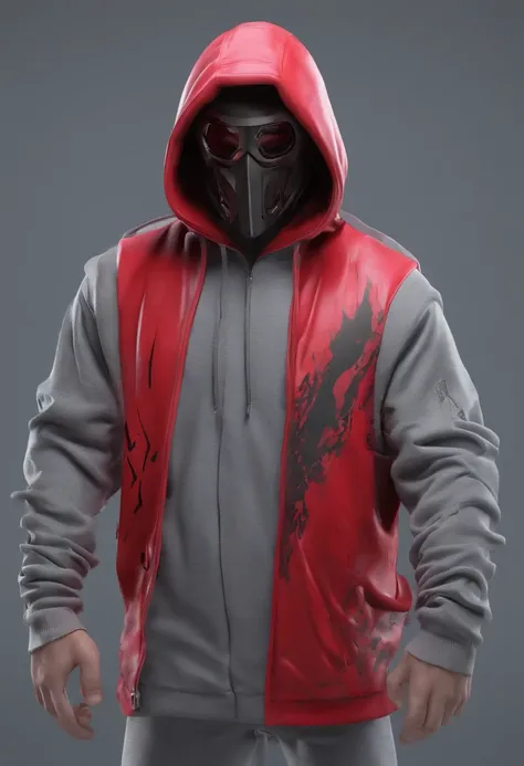 Silver Haired 18y old male with hoodie on and hood on head with red eyes and antifog mask. Hoodie is black with blood on it. He has knife in his hand