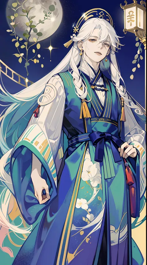 The male，Male，White Hanfu，long  white hair，Long flowing hair，Wide robe with large sleeves，Ancient wind，Solid color clothes，The clothes do not have any patterns，laughingly，softlighting，water ink，Behind it is the full moon，low-saturation，low-contrast，led flo...