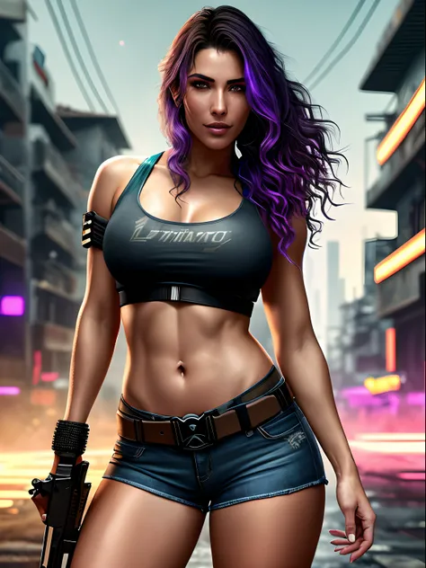 Beautiful woman with wavy hair Detailed attractive eyes Long, sexy legs between thighs wearing tiny shorts T-shirt with a shotgun in one hand and a sword in the other in the beautiful futuristic cyberpunk city +, mistborn, molhado, chovendo, obra-prima de ...