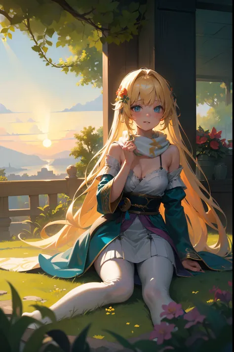 (a girl wearing a scarf, long blonde hair, tranquil gardenscapes style:1.1, colorful animation stills, masami teraoka, aquamarine, paul gauguin, Embry style, honest portrayal:1.1, best quality,4k,8k,highres,masterpiece:1.2),ultra-detailed, realistic:1.37, ...