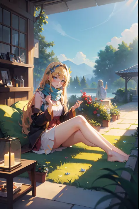 (a girl wearing a scarf, long blonde hair, tranquil gardenscapes style:1.1, colorful animation stills, masami teraoka, aquamarine, paul gauguin, Embry style, honest portrayal:1.1, best quality,4k,8k,highres,masterpiece:1.2),ultra-detailed, realistic:1.37, ...