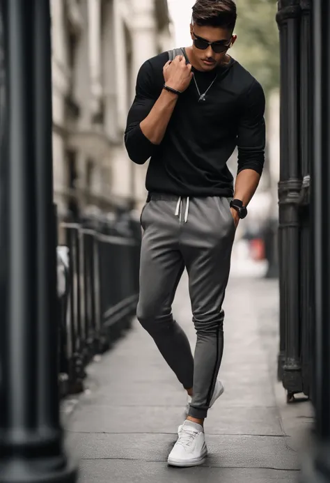 man, honey skin tone, skinny athlete physique, black slim fit shirt, baggy grey pants, black and white basketball shoes, medium size black glasses, little mustache, military low size haircut, brown eyes, black bracelet, holding basketball, wearing a dark g...