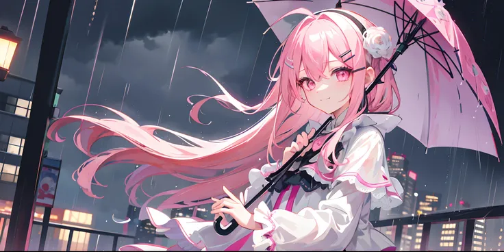 masterpiece, best quality, night, cityscape, rain, in the rain, 1girl, solo, long hair, pink hair, ahoge, hairclip, white hairband, pink eyes, summer_dress, hold the umbrella,v gesture,happy face,raining