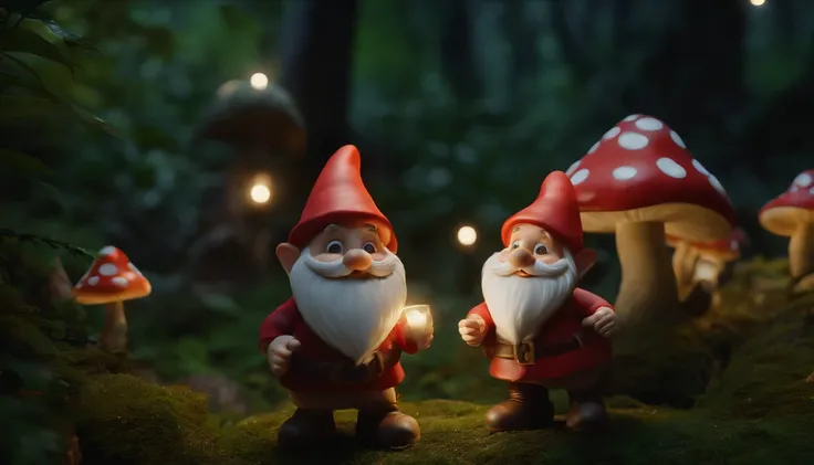 Funny forest gnomes at night under large mushrooms, , No estilo do Unreal Engine 5, Duffy Sheridan, UHD 32k, Douglas Soares, Miguel Malm, Hyper-realistic representation, fechar para cima, cinematic lighthing, moon illumination