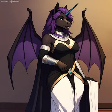 Tall_lithe_muscular_mature_unicorn_with_black_horn female dark_purple_mane wavy_mane black_furry_body teal_eyes slit_pupils majestic solo Masterpiece best_quality absurdres highly_detailed gown_with_silver_trim silver_circlet silver_gorget silver_bracers c...