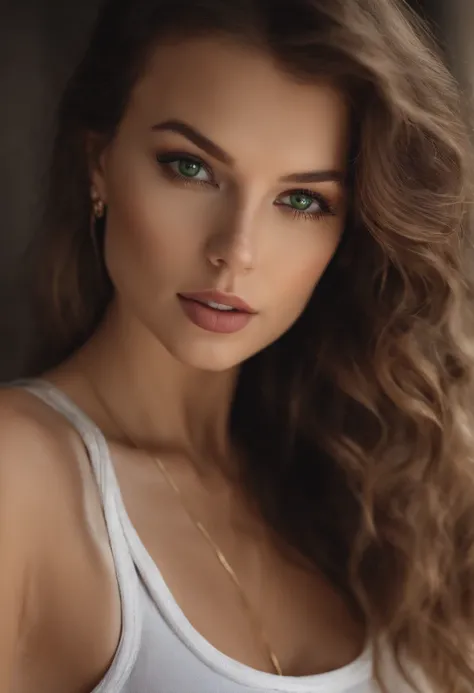 arafed woman with a white tank top and a necklace, sexy girl with green eyes, portrait sophie mudd, brown hair and large eyes, selfie of a young woman, bedroom eyes, violet myers, without makeup, natural makeup, looking directly at the camera, face with ar...