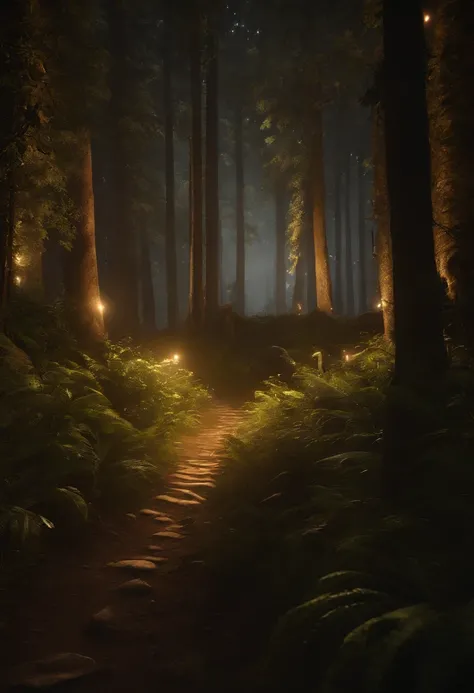 Forest fairies at night, fada voando, cogumelos grandes, fada voando, asas de fadas, No estilo do Unreal Engine 5, UHD 32k, Hyper-realistic representation, cinematic lighthing, Night lighting, magic powder, brilho