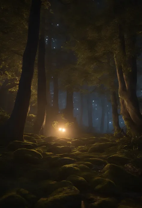 Forest fairies at night, fada voando, cogumelos grandes, fada voando, asas de fadas, No estilo do Unreal Engine 5, UHD 32k, Hyper-realistic representation, cinematic lighthing, Night lighting, magic powder, brilho