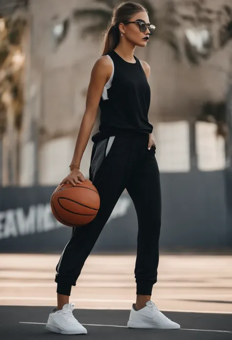 woman, honey skin tone, skinny athlete physique, black slim fit shirt, baggy grey pants, black and white basketball shoes, medium size black glasses, little mustache, brown eyes, black bracelet, holding basketball, 18 years old