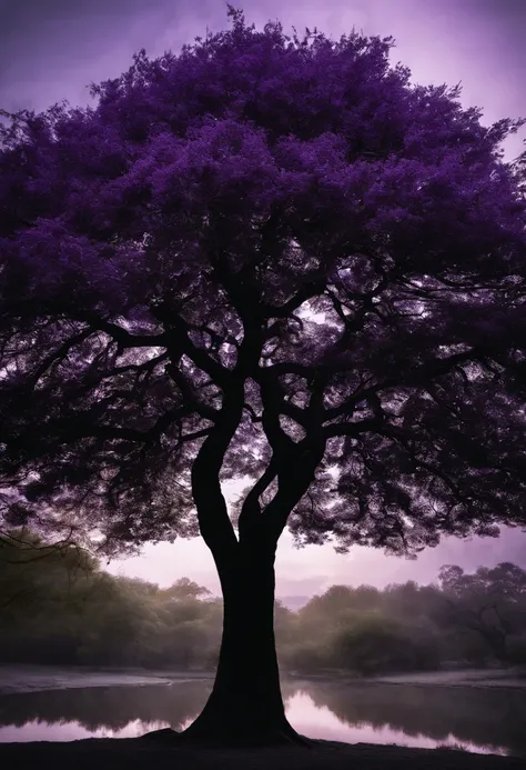 a giant Black and purple glass tree, with its details subtly incorporated into the glossy glass tree, sharp focus, double exposure, (translucent glass figure of a tree)  lifeless, earthy colors, intricate design, hyper realistic, high definition, extremely...