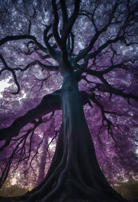 a giant Black and purple glass tree, with its details subtly incorporated into the glossy glass tree, sharp focus, double exposure, (translucent glass figure of a tree)  lifeless, earthy colors, intricate design, hyper realistic, high definition, extremely...