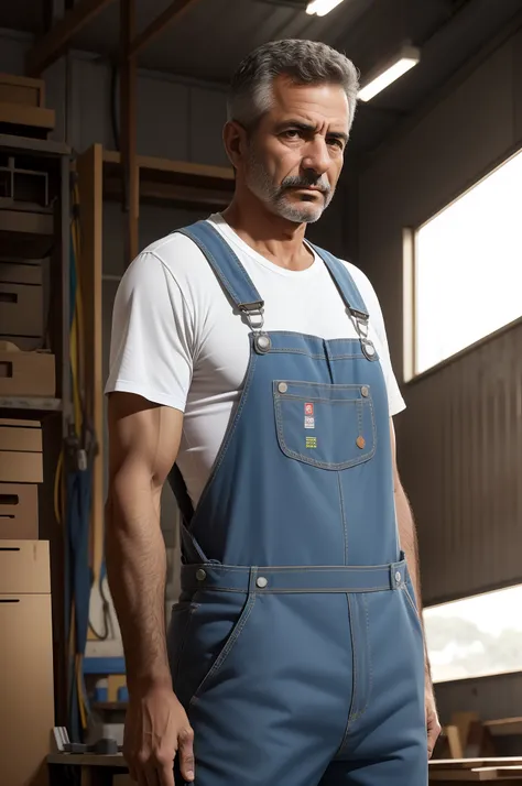 Brazilian coach, 40 anos, wearing overalls in the workshop, rosto detalhado, segurando um alicate, vista frontal, profundidade de campo, Vibrando, in another position