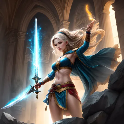 A legendary sword forged in ancient times. She is known for her unparalleled beauty and power. The blade should shine with a magical glow, e a empunhadura deve ser adornada com gemas preciosas. The sword is thrust into a stone pedestal at a sacred site, il...