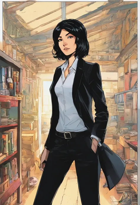 Mikasa Akerman in black suit walking inside an abandoned house, anime, comic, cartoon style