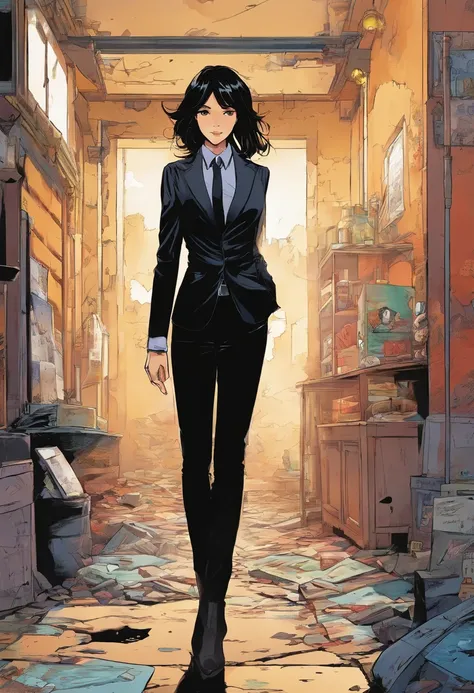 Mikasa Akerman in black suit walking inside an abandoned house, anime, comic, cartoon style