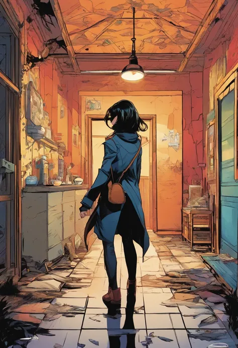 Mikasa Akerman in black suit walking inside an abandoned house, anime, comic, cartoon style