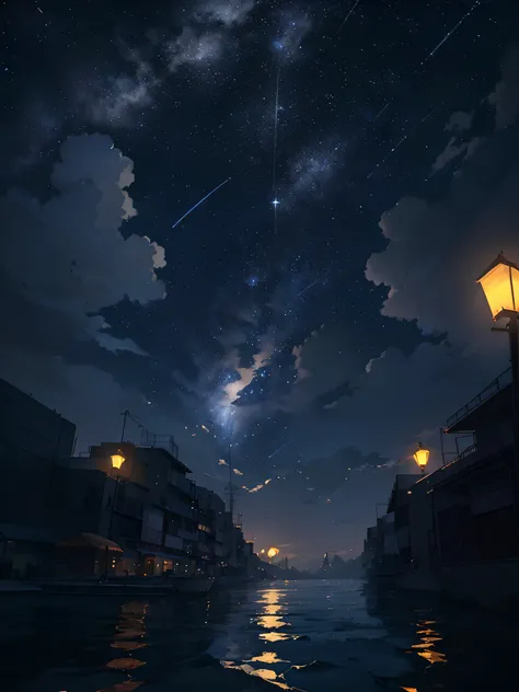 Anime scenery of stars shining in the sky of water body, cosmic sky. by makoto shinkai, Makoto Shinkai Makoto Shinkai. - H 2160, ( ( By Shinkai Makoto ) ), style of makoto shinkai, By Shinkai Makoto!, by makoto shinkai, by makoto shinkai　Bright colors