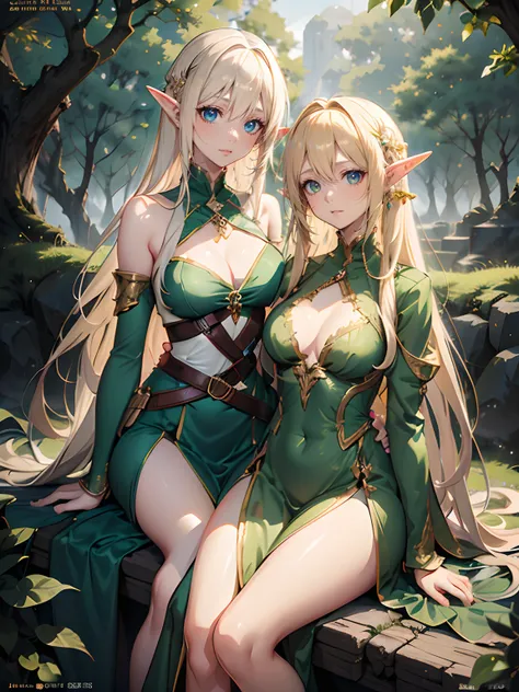 blond haired elf woman in green dress with gold ornament dress in forest, beautiful shining eyes like crystal clear glass, artwork in the style of guweiz, guweiz, guweiz on artstation pixiv, guweiz on pixiv artstation, fantasy art style, wlop rossdraws, cu...