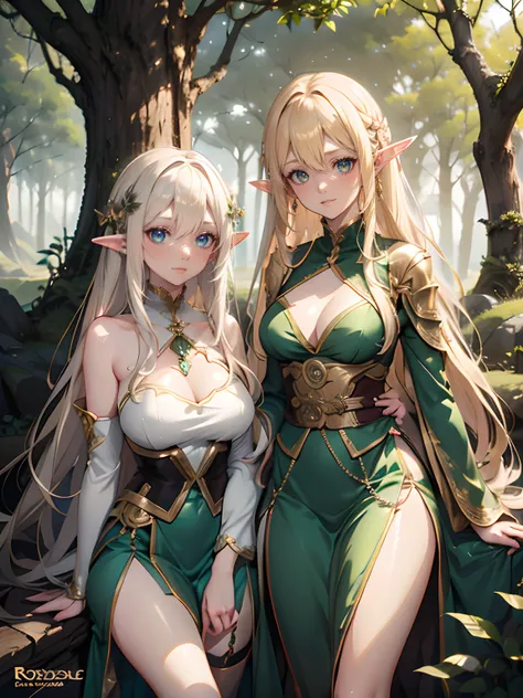 blond haired elf woman in green dress with gold ornament dress in forest, beautiful shining eyes like crystal clear glass, artwork in the style of guweiz, guweiz, guweiz on artstation pixiv, guweiz on pixiv artstation, fantasy art style, wlop rossdraws, cu...