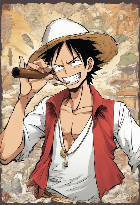 Luffy waving at the camera, with a cigar in his mouth