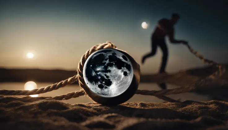 A man on the earth and pull the moon with the help rope