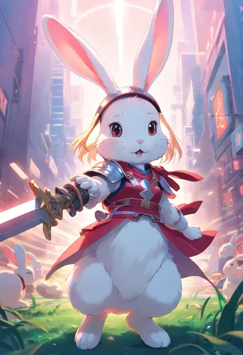 Warrior rabbit, Rabbit with helmet and sword, lapin, electrixbunny, the white rabbit, the rabbit has pink fur, the white rabbit, lapin_bunny, Cover that shines in the wind, rabbit robot