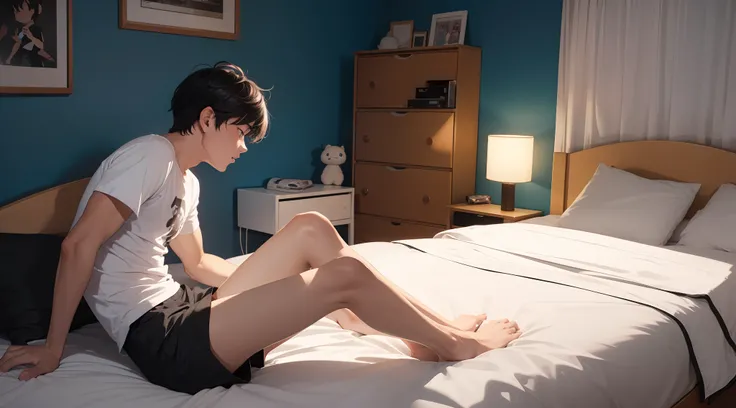 You wake up, you are confused, in bedroom, dark room, male , cartoon, one bed only, white t shirt and black shorts