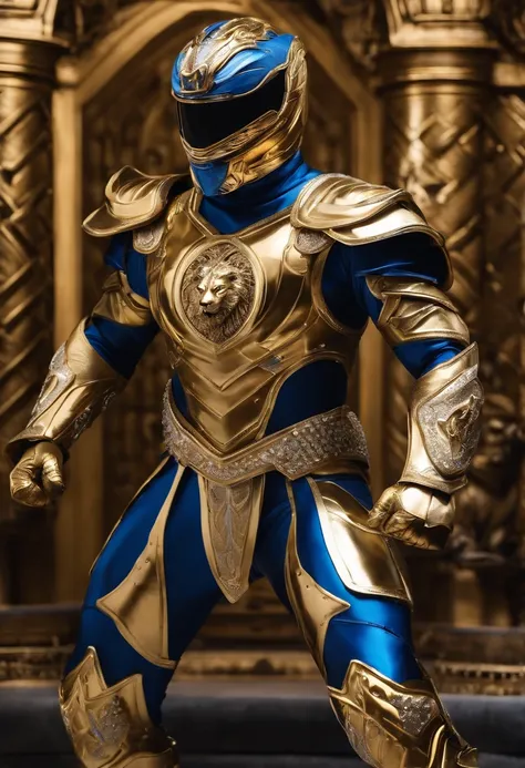 Power Ranger with lion armor in gold, blue and white