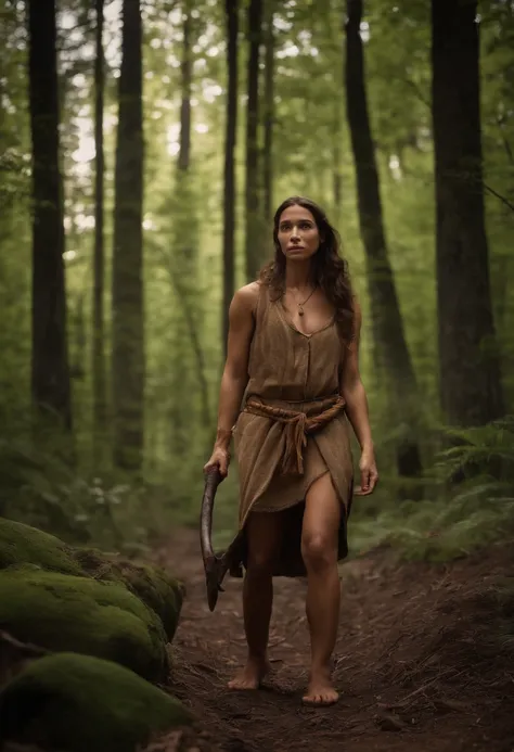 prehistoric hunter-gatherer young woman, 27-year-old, tan-skinned, standing in the forest, long brown hair, barefoot, caveman, cavewoman, earth tones, nomad, Cro-Magnon, Neanderthal, Paleolithic, stone age, prehistoric, primeval, prehistory, ancient, primi...