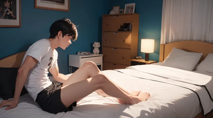 You wake up, you are confused, in bedroom, dark room, male , cartoon, one bed only, white t shirt and black shorts