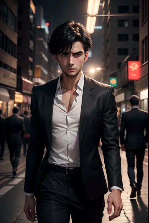 realistic 8k image of a 25-year-old man, short black hair, dressed in a black blazer and a white blouse underneath, scared expression, walking down an empty night street