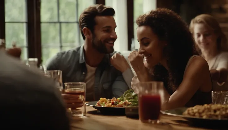 Beautiful American kitchen, with four people at the table eating, and happy, realistic and perfect image